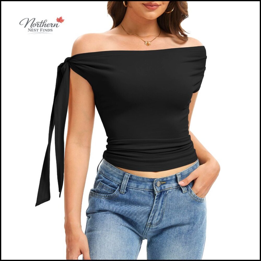 Off Shoulder Asymmetrical Crop Top Slim Fit Ruching Adjustable Tie Y2K Style